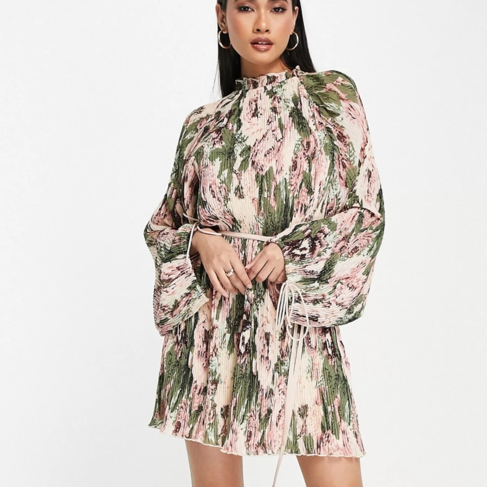 ASOS DESIGN mini plisse dress with blouson sleeve